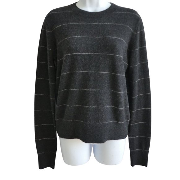 CaSHMeRe Vince Fitted Crew Neck Sweater Striped Heather Charcoal Dove Oat M